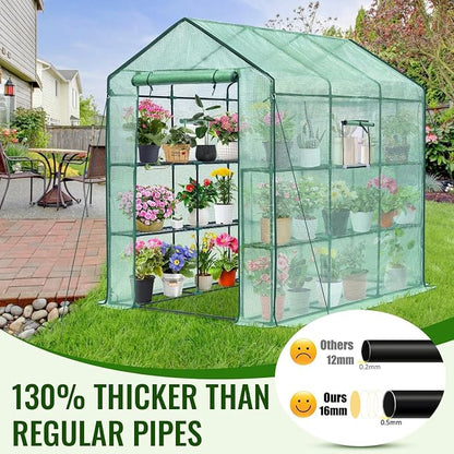 Greengro Greenhouse, 57 x 85 x 76'' Greenhouses for Outdoors, Portable Greenhouse with Mesh Side Windows, PE Cover, 8 Shelves, Heavy Duty Walk in Green House for Backyard Garden Indoor Outside, Green