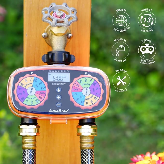 AQUASTAR Two-Zone Hose Watering Timer (Orange), Automatic Irrigation for Lawn, Garden, Yard, Two Outlets