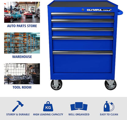 Olympia Tools 5-Drawer Tool Chest, 27-Inch Rolling Metal Tool Storage Cabinet with Casters, Locking System, Drawer Liner, 600 lbs Load Capacity, Blue