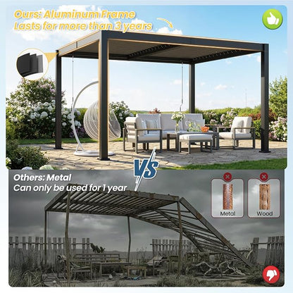 10' x 12' Louvered Pergola, Aluminum Frame Outdoor Pergola with Adjustable Louvered Roof & Integrated Gutter System, Hardtop Patio Gazebo for Backyard, Deck, Garden, Dark Gray