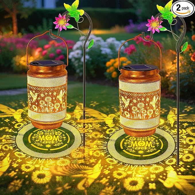 Gifts for Mom, Mom Gift Solar Lanterns Outdoor, Birthday Gift from Daughter Son, Metal Solar Hanging Hummingbird Lights with Shepherd Hook for Outside Garden Yard Patio Pathway (2 Pack)