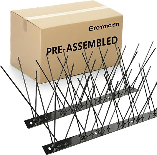 Stainless Steel Bird Spikes for Pigeons,Pre-Assembled,Anti Bird Deterrent Spikes for Woodpeckers, Squirrels, Raccoons，Weatherproof Fence Spikes for Roof, Railing,Patio, Black, 24.6 Feet