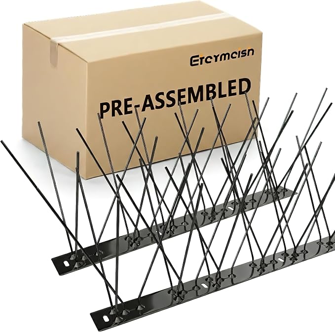 Stainless Steel Bird Spikes for Pigeons,Pre-Assembled,Anti Bird Deterrent Spikes for Woodpeckers, Squirrels, Raccoons，Weatherproof Fence Spikes for Roof, Railing,Patio, Black, 9.84 Feet