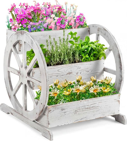 Beeveer Wooden Wagon Planter Box Garden Planter for Outside with Drainage Holes Decorative for Patio Garden Balcony Vegetables Flowers Herbs (Washed Antique White)