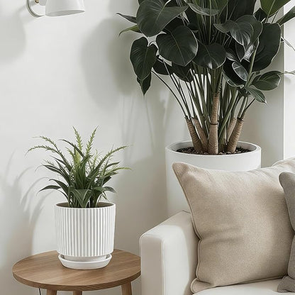 Ceramic-5.1-inch-Flower-Pots-with-Saucer, Small Planters for Indoor Plants with Drainage Hole, White Textured Vertical Stripe Plant Pots for Home Decor, Garden Pot For Succulent Cactus Mint Basil Herb
