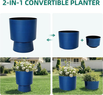 2-Pack 16.8" Brushed Blue Plastic Urn Planters with Detachable Bases | Set of 2 PP urn planters with brushed blue finish, detachable bases, drainage plugs, and UV-treated finish for porch