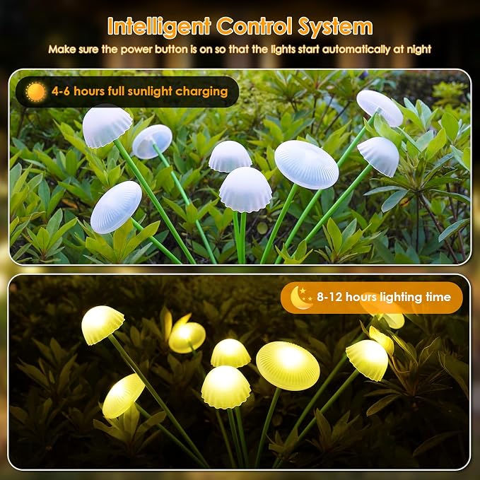 KAQ 4PK 32LED Solar Garden Lights Outdoor Waterproof | Solar Mushroom Lights for Outside Sway by Wind Firefly Fairy Light for Patio Pathway Garden Bush Yard Decorations (Warm White)