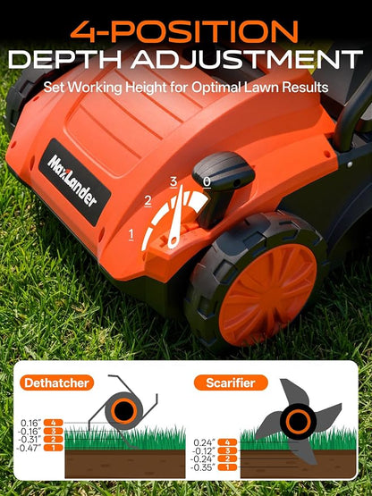 MAXLANDER 13 Inch Electric Dethatcher and Scarifier, 12 Amp Lawn Dethatcher with 4-Position Depth Adjustment, 30L Thatch Bag, 2-in-1 Walk Behind for Lawn Garden Care Removing Thatch