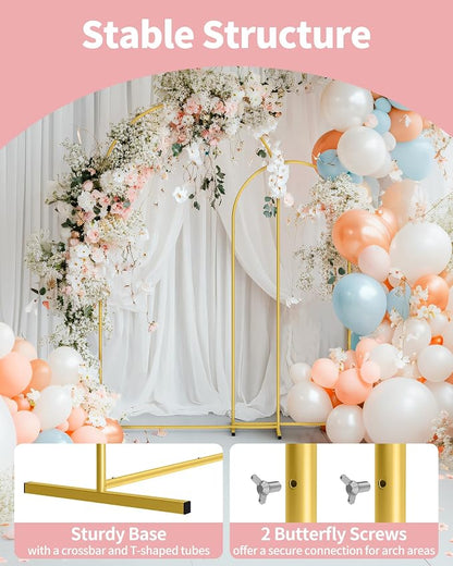 Pureegg Metal Arch Backdrop Stand Set - Set of 2 (7.2ft/6.0ft), Gold Wedding Stand with Stable Base, Elegant Backdrop Cover for Party, Birthday, Baby Shower, Graduation, Easy to Assemble