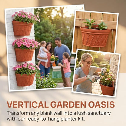 4 Pack Plastic Wall Hanging Planter, 11.4 In Plant Holder for Indoor Outdoor Plant, Large Wall Plant Pot with 8 Hooks Drainage Mesh, Railing Resin Pots for Vertical Garden Living Balcony Fence