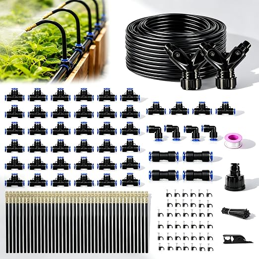 5/16" Drip Irrigation System 200 ft with 40-Pcs 360° Adjustable Copper Nozzles, Automatic Misting Watering System for Garden, Raised Beds, Greenhouse (200ft+40 nozzles)