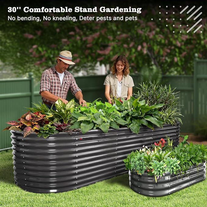 A ANLEOLIFE 30" Extra Tall Galvanized Raised Garden Beds Outdoor, 10x3x2.5ft Large Oval Metal Planter Boxes for Planting Vegetables, Flowers, Fruits, Eco-Safe & Easy Setup, Quartz Grey