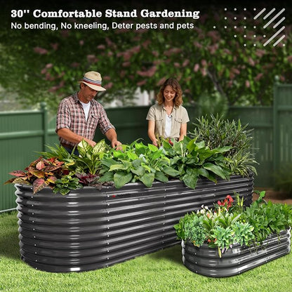 A ANLEOLIFE 30" Extra Tall Galvanized Raised Garden Beds Outdoor, 10x3x2.5ft Large Oval Metal Planter Boxes for Planting Vegetables, Flowers, Fruits, Eco-Safe & Easy Setup, Quartz Grey