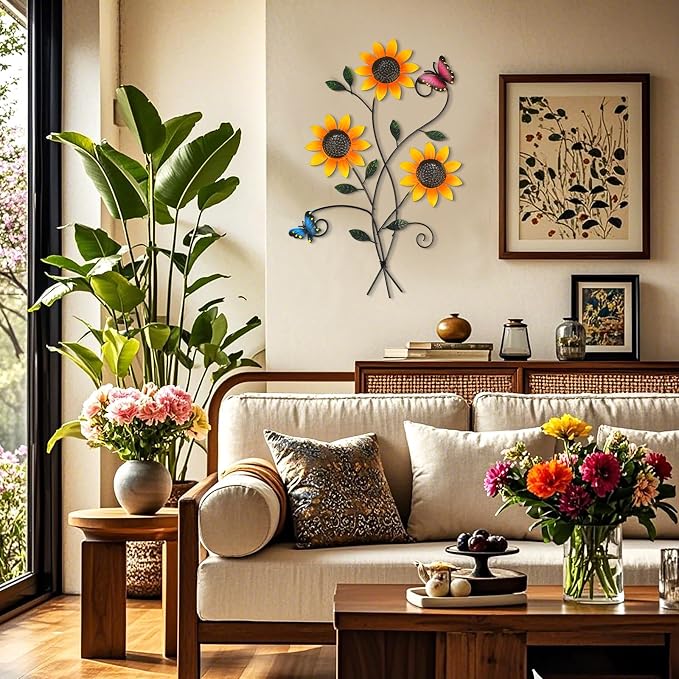 DETENE Metal Sunflower Wall Decor with Butterfly 3D Colorful Outdoor Wall Art Fence Decorations for Patio Metal Flowers Wall Hanging Ornament for Garden Porch Living Room Balcony Farmhouse