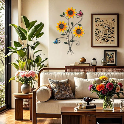 DETENE Metal Sunflower Wall Decor with Butterfly 3D Colorful Outdoor Wall Art Fence Decorations for Patio Metal Flowers Wall Hanging Ornament for Garden Porch Living Room Balcony Farmhouse
