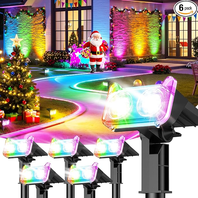 LETMY Solar Lights Outdoor Waterproof IP65, 6 Pack Solar Spot Lights Outdoor with 14 Big LEDs, 2-in-1 Wall Lights & 7 Modes Solar Landscape Spotlights for Pathway Yard Patio Decor Garden Gifts (RGB)
