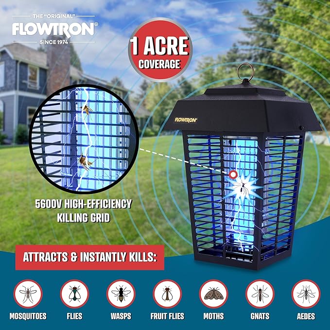 Flowtron Electric Bug Zapper 1 Acre Outdoor Insect Control with Dual Lure Method, 40W UV Light & Octenol Attractant for Fly & Mosquito, 5600V Kill Grid, Made in USA, UL Certified