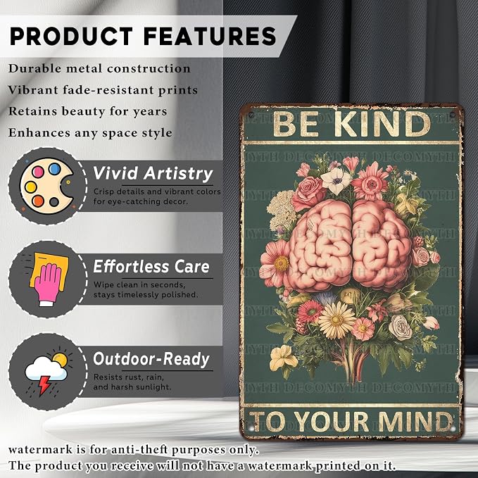 Be Kindto Your Mind Vintage Metal Tin Sign Boho Decor Hippie Wall Art Room Office Room Plant Decorfor Lady Woman 12 * 8inch
