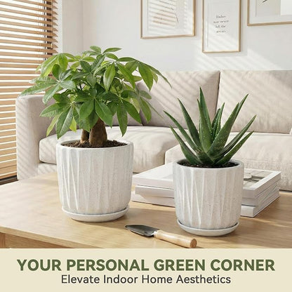 10 Inch Ceramic Planter Pot with Saucer Drainage Leak-Proof Mesh,Flower Pots for Indoor Plants with Gardening Gloves,Ceramic Planter(Waxen White)
