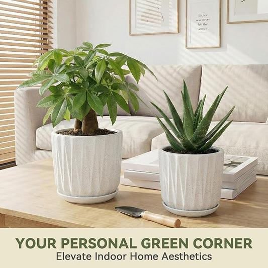10 Inch Ceramic Planter Pot with Saucer Drainage Leak-Proof Mesh,Flower Pots for Indoor Plants with Gardening Gloves,Ceramic Planter(Waxen White)
