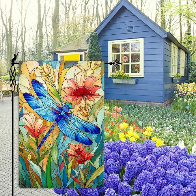 Stained Glass Style Dragonfly Garden Flag Spring Summer Garden Flag Vertical Double Sided Rustic Farmland Burlap Yard Lawn Outdoor Decor 12.5x18"