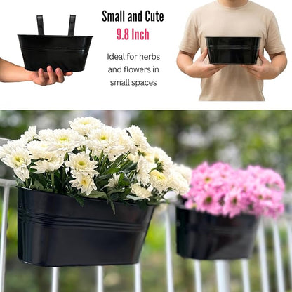 LaLaGreen Window Boxes Planters (5 Pack, 9.8 Inch) Small and Cute Black Metal Iron Hanging Flower Pots, Deck Railings Outdoor Fence Buckets Boho Style Wall Mount Plant Holder Hooks Porch Garden Decor