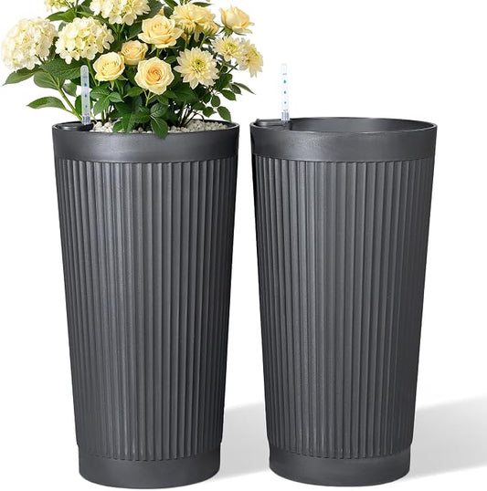 TUYOHW Set of 2 Large Round Tall Planter for Indoor or Outdoor 24" Flower Pots for Porch, Patio, Backyard, Large Planters for Outdoor Indoor Plants