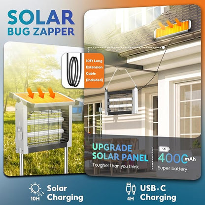 Solar Bug Zapper Outdoor, PhatroyYee Mosquito Zapper 4500V, Waterproof Portable Fly Zapper, Rechargeable Electric Mosquito Killer, Cordless Fly Insect Mosquitos Trap for Patio Yard Home Camping(White)
