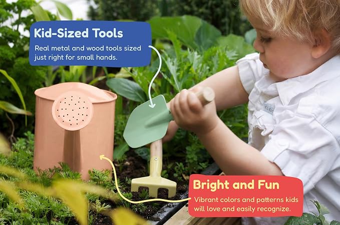 Kinderific Gardening Set, Tool Kit, for Kids, STEM, Includes Tote Bag, Spade, Watering Can, Rake, Fork, Trowel and Gloves, Fruity