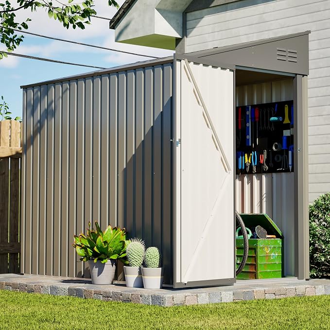YOPTO 4x7 FT Outdoor Storage Shed,Metal Lean to Storage Shed with Reinforced Beams,All Weather Waterproof Garden Tool House W/Lockable Door & Reversible Installation,for Backyard,Patio,Lawn,Olive Gray