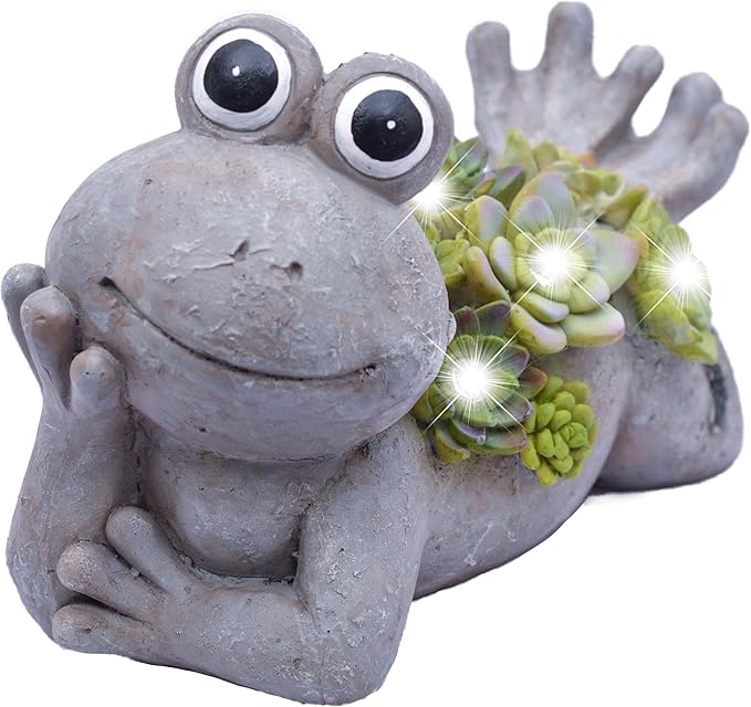 TERESA'S COLLECTIONS Garden Decor, Cute Frog Garden Statue with Solar Light, Waterproof Resin Garden Statue, Frog Gifts, Garden Gifts for Women Mom, Indoor/Outdoor, 5.5"