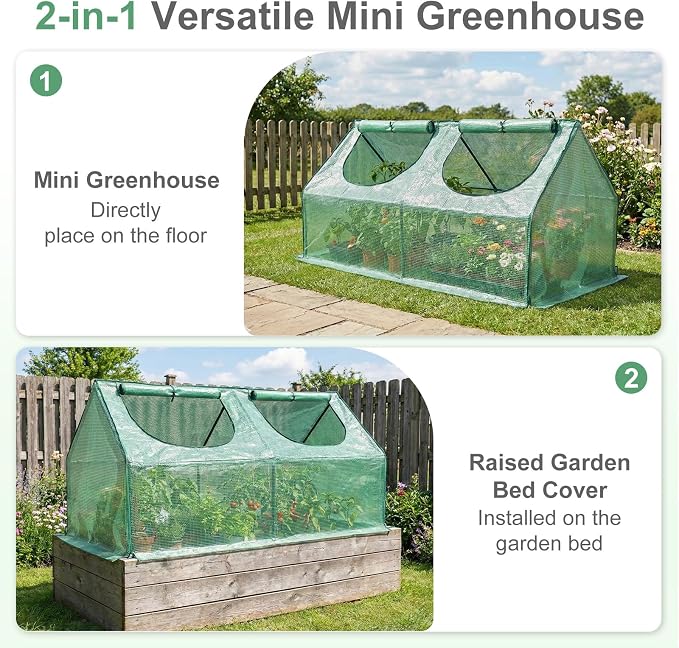 Aoodor 4 x 2 x 2 ft Mini Greenhouse with 2 Zipper Doors, Water Resistant, UV Protected for Flowers, Vegetables and Herbs, Green