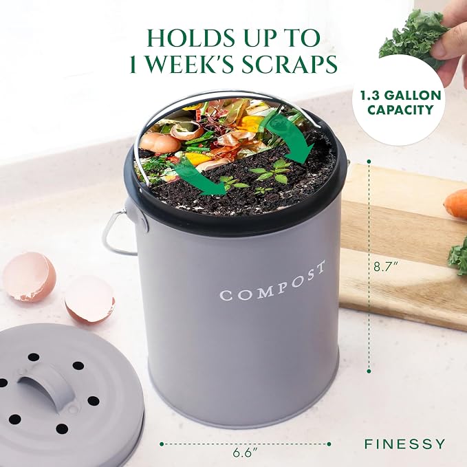 FINESSY Indoor Compost Bin Kitchen Odorless with Lid for Composting Food Waste, Stainless Steel Countertop Trash Can, 1.3 Gallon Container