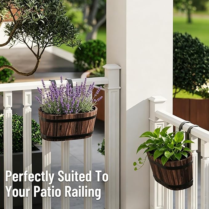 2-Pack Wooden Railing Planters, Hanging Flower Pots with Detachable Hooks for Balcony, Fence, Deck, Garden & Country Home Decor, Carbonized