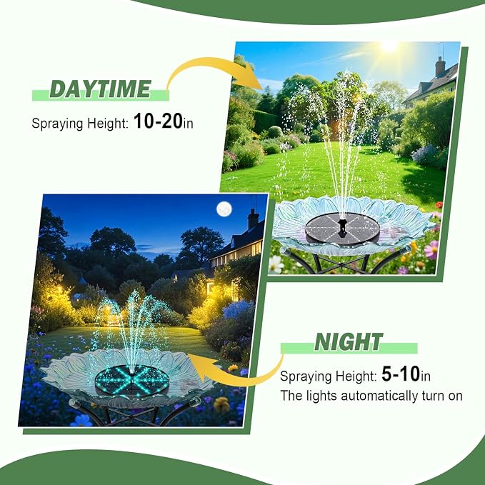 Yzert Upgraded Solar Fountain Bird Bath with 60 LED Lights, Solar Powered Water Fountain Pump with 4000mAh Battery 7 Nozzles 4 Fixers, for Garden Patio Pond Birdbath Pool