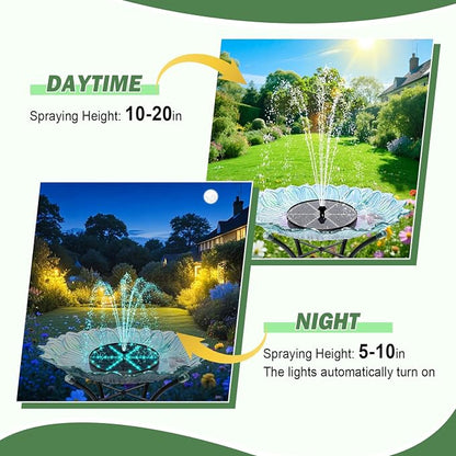 Yzert Upgraded Solar Fountain Bird Bath with 60 LED Lights, Solar Powered Water Fountain Pump with 4000mAh Battery 7 Nozzles 4 Fixers, for Garden Patio Pond Birdbath Pool