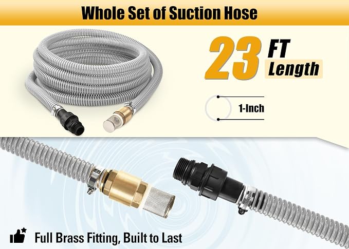 FLUENTPOWER 23FT x 1" Suction Hose Kit with Brass Fitting Check Valve and NPT 1" male Thread, Water Intake Hose Set, Aspiration Hose for Well Shallow Sprinkler Garden Booster Pump, Grayish-white