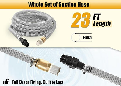 FLUENTPOWER 23FT x 1" Suction Hose Kit with Brass Fitting Check Valve and NPT 1" male Thread, Water Intake Hose Set, Aspiration Hose for Well Shallow Sprinkler Garden Booster Pump, Grayish-white