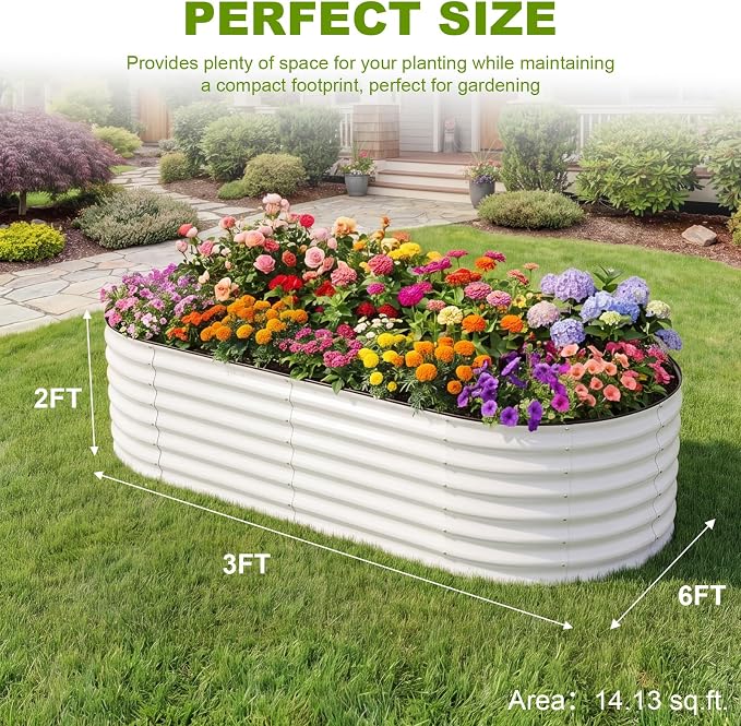 24" Tall Galvanized Raised Garden Bed Outdoor, 6x3x2ft Deep Metal Planter Box with Safety Edging & Support Bars, Large Oval Raised Beds for Gardening Plants Vegetables Herbs Flowers (White)