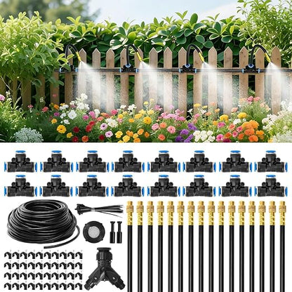 100Ft 1/4” Drip Irrigation System – Drip Irrigation Kit & Garden Watering Kit with 16 Pcs 360° Adjustable Copper Nozzles, Automatic Mist Spray for Raised Bed, Lawn, Garden & Potted Plants