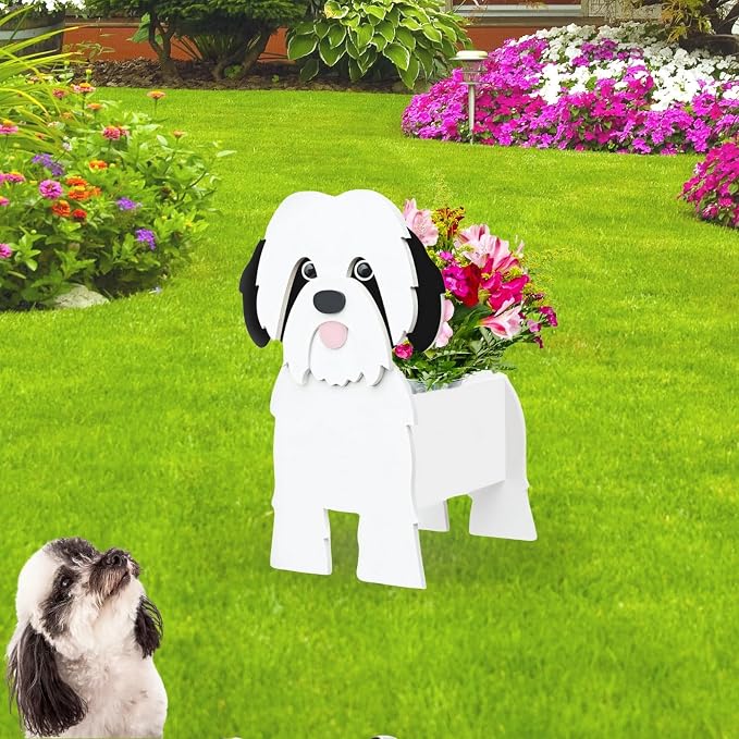 Black and White Shih Tzu Dog Planter Pots, 9.45 x 8.97 x 13.5 in | Dog Flower Pot, Cute Animal Shaped Plant Pot, Gifts for Women & Pet Lovers, Indoor Outdoor Garden Home Office Decor