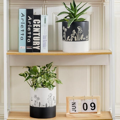 Nihow Self Watering Pots for Indoor Plants,6 Inch,Black,Hand Painting | Ceramic Planter, Drainage Hole & Water Storage Plus, Cylinder Round Flower Pot, For Succulent/Herbs/Violets