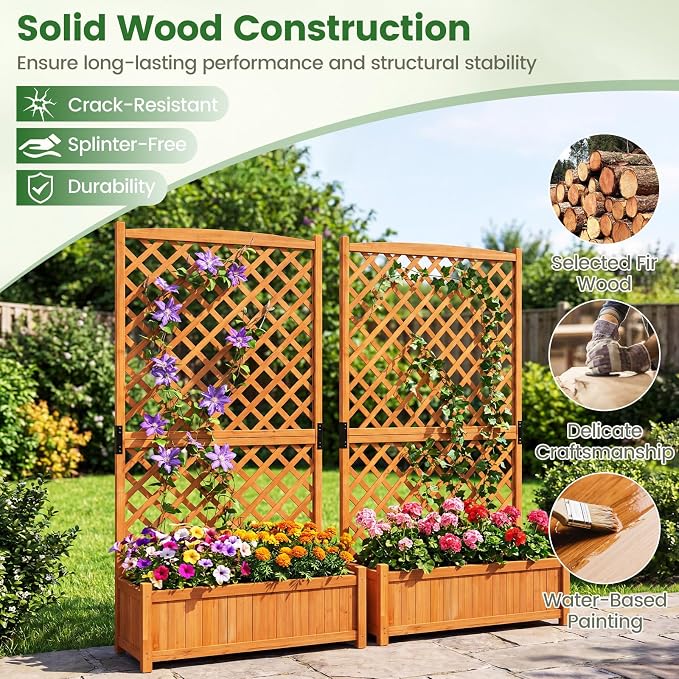 Giantex Raised Garden Bed with Trellis, 71" Wooden Elevated Planter Box, High Trellis for Plant Flower Climbing Pot Hanging, Indoor & Outdoor Planter Box for Yard, Garden, Balcony