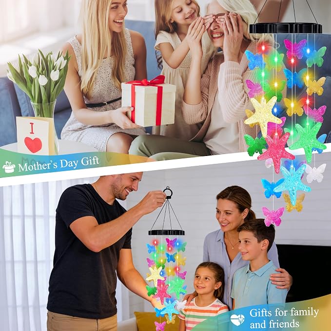 (New) Solar Wind Chimes for Outside, Butterfly Wind Chimes, Outdoor Decorative Wind Chimes with 2 Light Modes for Patio, Garden, Yard, Porch, Gifts for Mom, Grandma, Wife, Family and Friends
