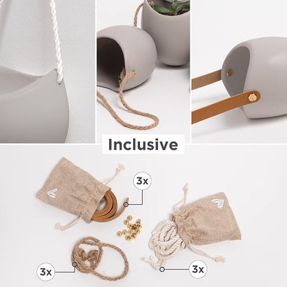 Kazai. Wall Planters -Ellie- | Hanging Ceramic Plant Pots 3 Pieces | Wall Decoration for Indoors, Balcony and Garden | Light Gray (Matte)