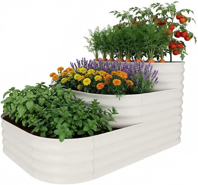 IDEALHOUSE 3-Tier Galvanized Raised Garden Bed 60.6x42.1x30.7 Inch, Exclusive Layered Planting Design for Shallow & Deep Root Plants, Eliminates Root Competition, Maximize Vertical Space, White