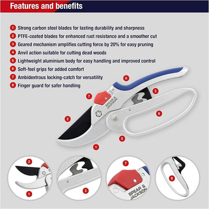 Spear & Jackson Razorsharp Geared Anvil Pruning Shears, Heavy Duty Garden Clippers for Thick Branches, Non-Slip Ergonomic Handles, Durable Steel Blades