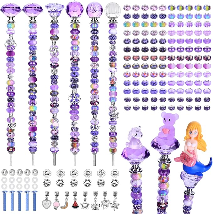 AIPRIDY DIY Crystal Beaded Fairy Wand Garden Stakes Kit, Colorful Decorative Wands with Assembly Guide, 12 or 10 Inch Threaded Rods,Outdoor Garden Decoration Set (158, Purple+Hybrid Top)