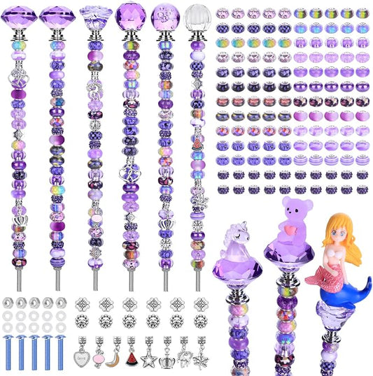 AIPRIDY DIY Crystal Beaded Fairy Wand Garden Stakes Kit, Colorful Decorative Wands with Assembly Guide, 12 or 10 Inch Threaded Rods,Outdoor Garden Decoration Set (158, Purple+Hybrid Top)