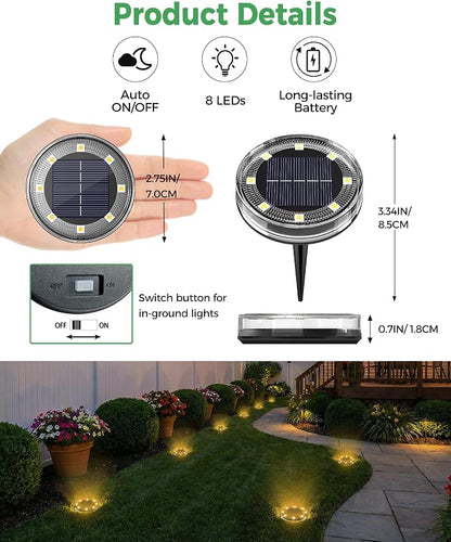 LOTMOS 10 Pack Solar Ground Lights Outdoor, 8 LED Solar Flat Lights IP68 Waterproof Disc Light, Landscape Lighting Solar Powered for Garden Yard Path Driveway Lawn Patio Walkway, Warm White